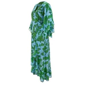 Cabi Small Derby Wrap Dress Spring Midi EUC Feminine Chiffon Blue Green Flower